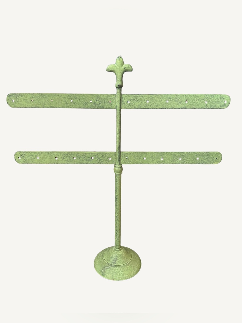 Earring Jewelry Stand Adjustable Height Double Tier Green Metal Fleur de Lis